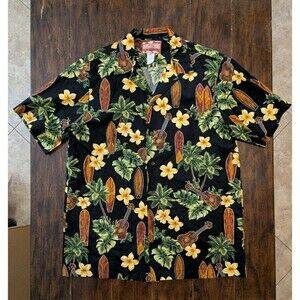 RJC HAWAIIAN SHIRT L VINTAGE SURFBOARDS UKULELES ALOHA MADE IN HAWAII Y2K VIBE